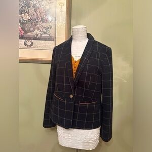 Atmosphere Windowpane Navy/Brown Blazer w/ brown elbow patches
